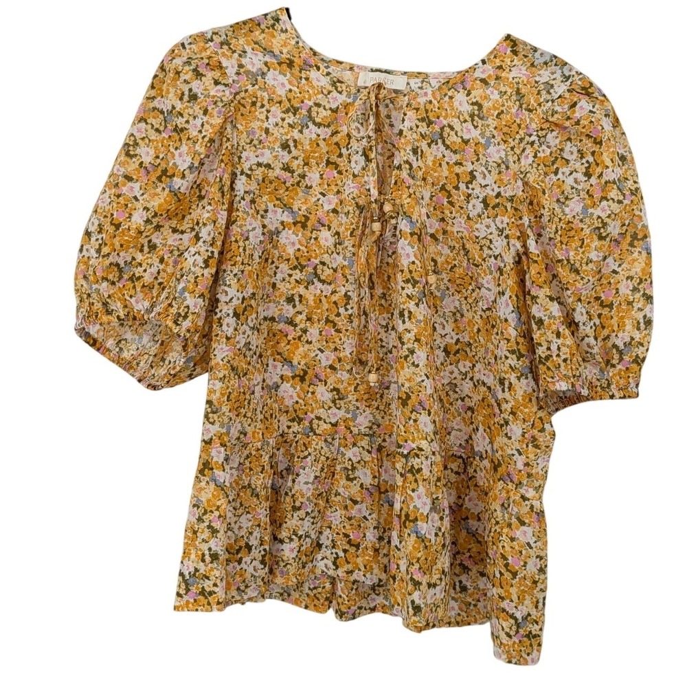 Parker Floral Peplum Blouse Women Medium Yellow Cotton Puff Sleeve Cottagecore